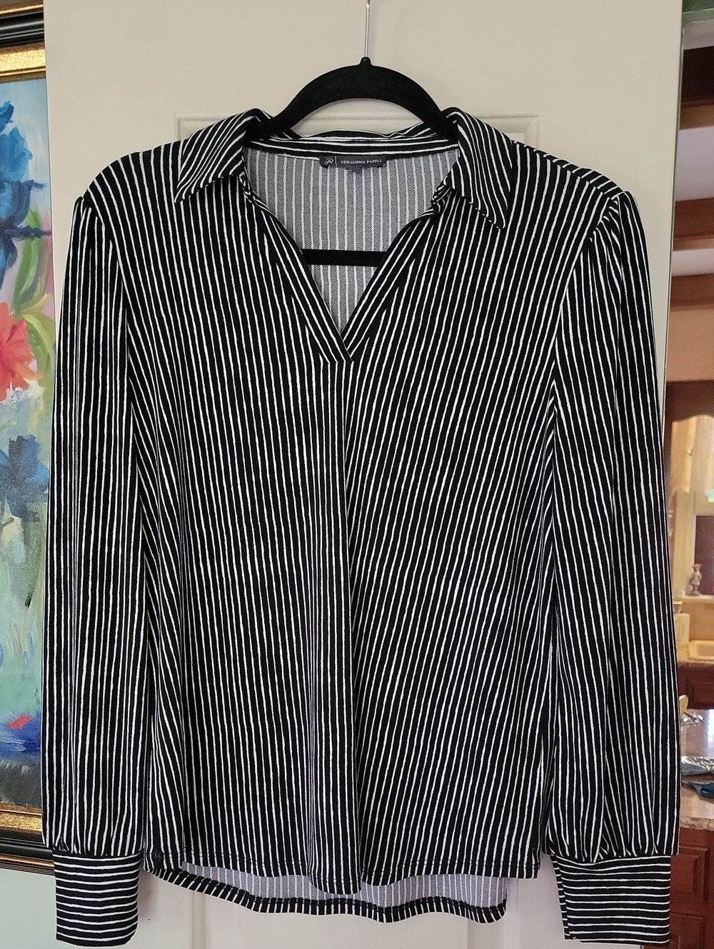 Adrianna Papell Black and White Vertical Stripe Button-Front Shirt